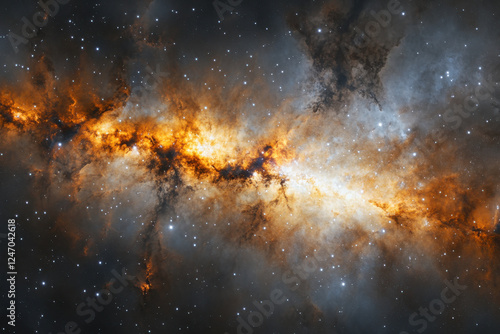 Effortless journey across the outer realms of the cosmos exploring the radiant orange and blue clouds of the milky way. Animation of gliding through luminous nebulae, clouds, and star fields photo