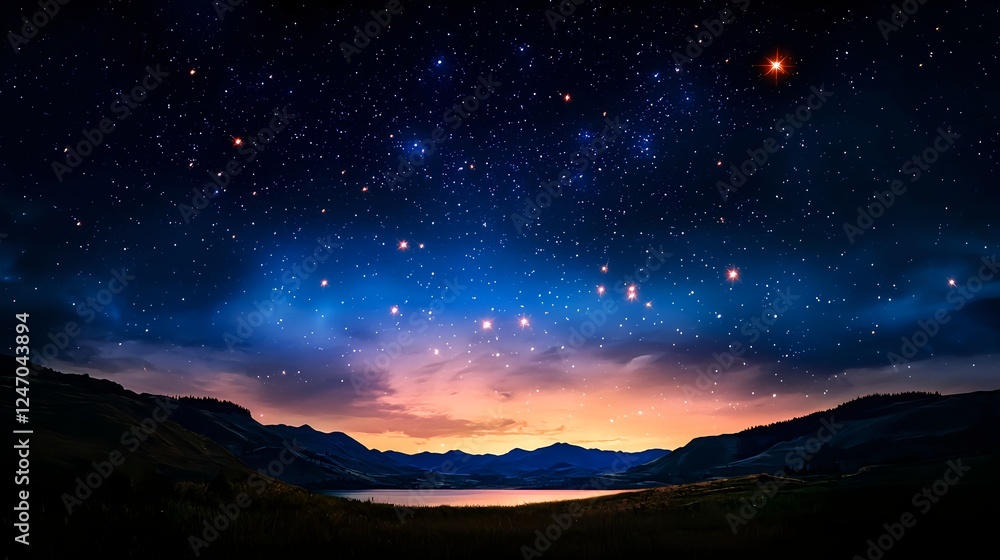 Night Sky Landscape with Sunset and Stars Night Sky Landscape with Sunset and Stars