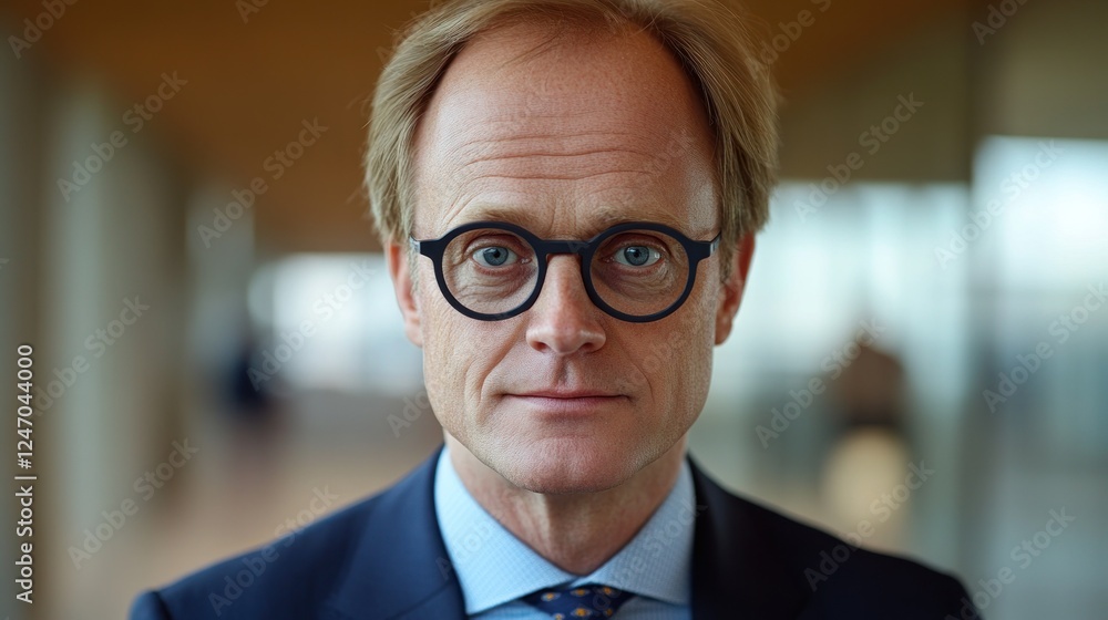 Close-up portrait of a middle-aged man with blond hair and glasses, wearing a navy blue suit and light blue shirt with a patterned tie, in a blurred indoor setting. Close-up portrait of a middle-aged man with blond hair and glasses, wearing a navy blue suit and light blue shirt with a patterned tie, in a blurred indoor setting.