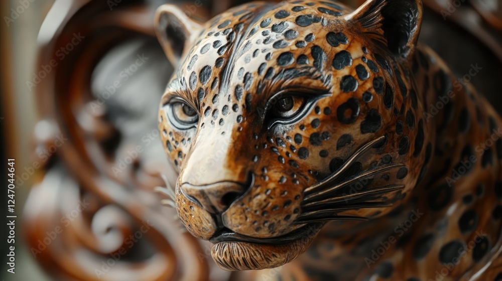 Close-up of a meticulously carved wooden leopard statue, showcasing intricate details and a lifelike expression. Close-up of a meticulously carved wooden leopard statue, showcasing intricate details and a lifelike expression.