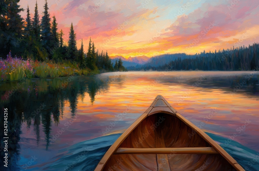 Serene Canoeing Experience on Calm Lake at Colorful Sunset Serene Canoeing Experience on Calm Lake at Colorful Sunset