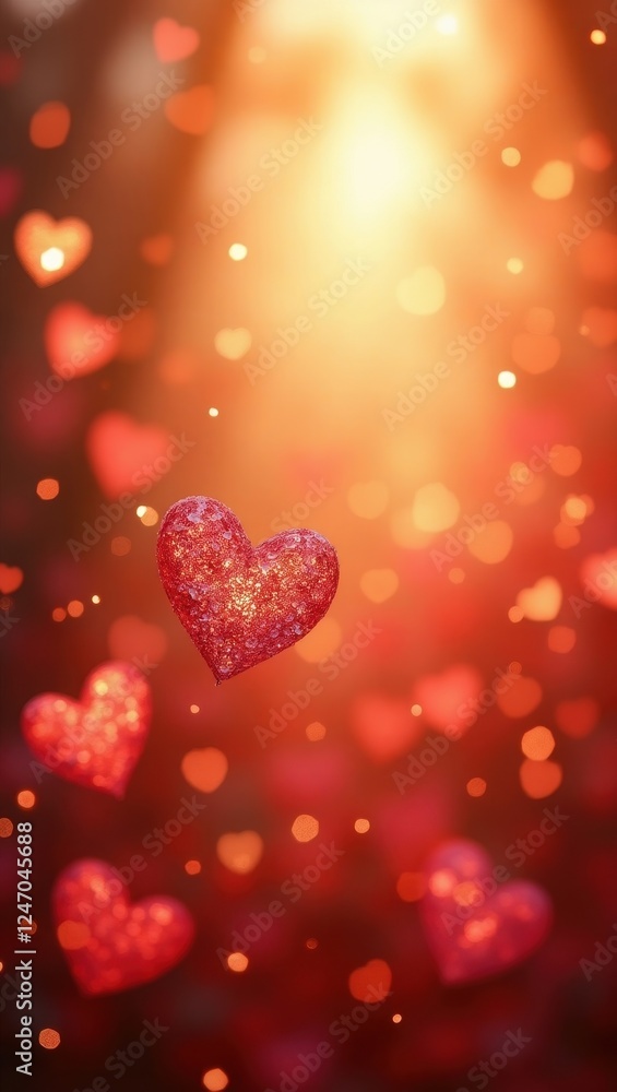 Romantic hearts floating in warm golden light during a festive celebration Romantic hearts floating in warm golden light during a festive celebration