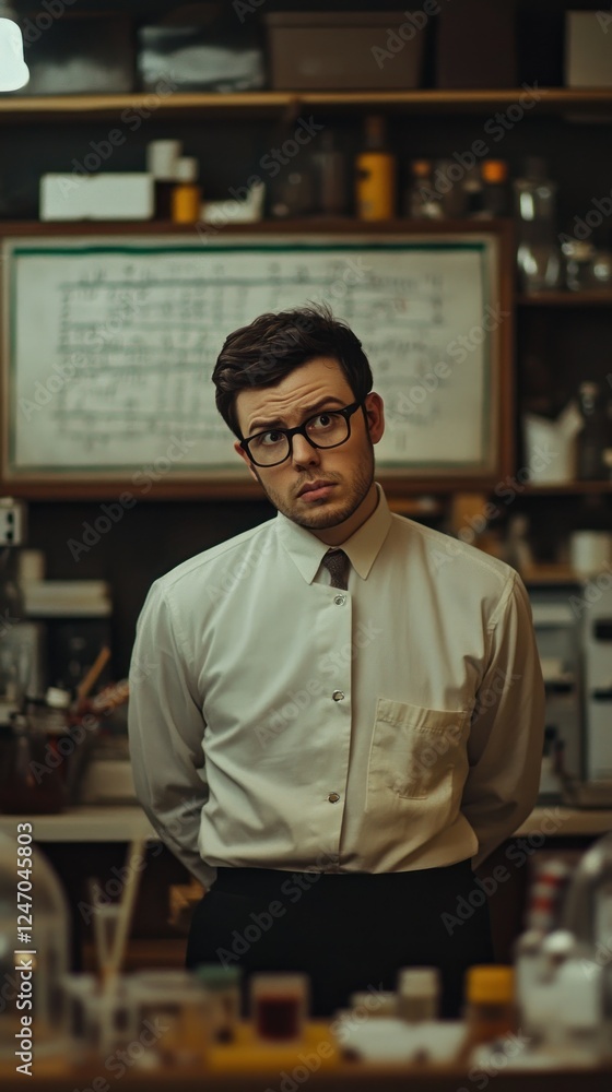 Obraz premium Pensive young man in a lab coat stands in a cluttered laboratory, looking thoughtfully to the side.