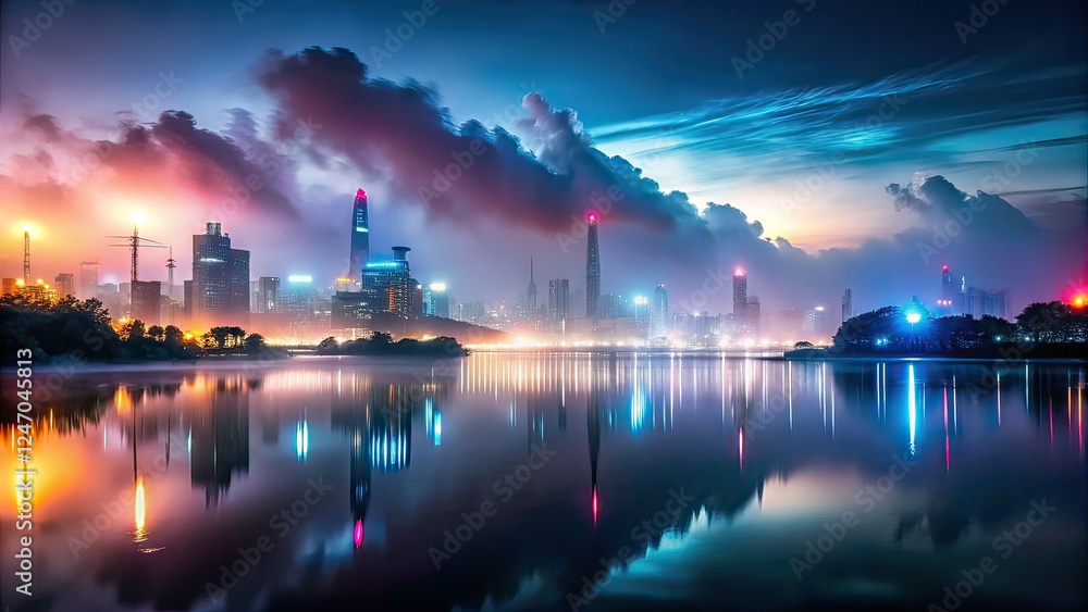 Fototapeta premium Futuristic Night Landscape Reflection Fog