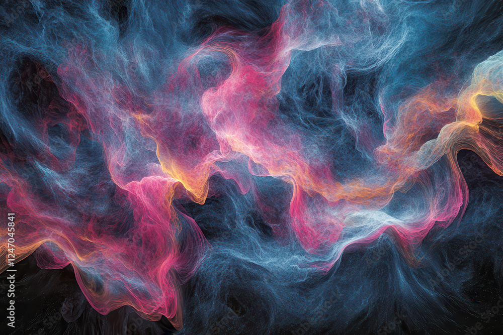 Fototapeta premium Abstract visualization of pink and blue wave frequencies as particles moving through a medium set against a dark backdrop