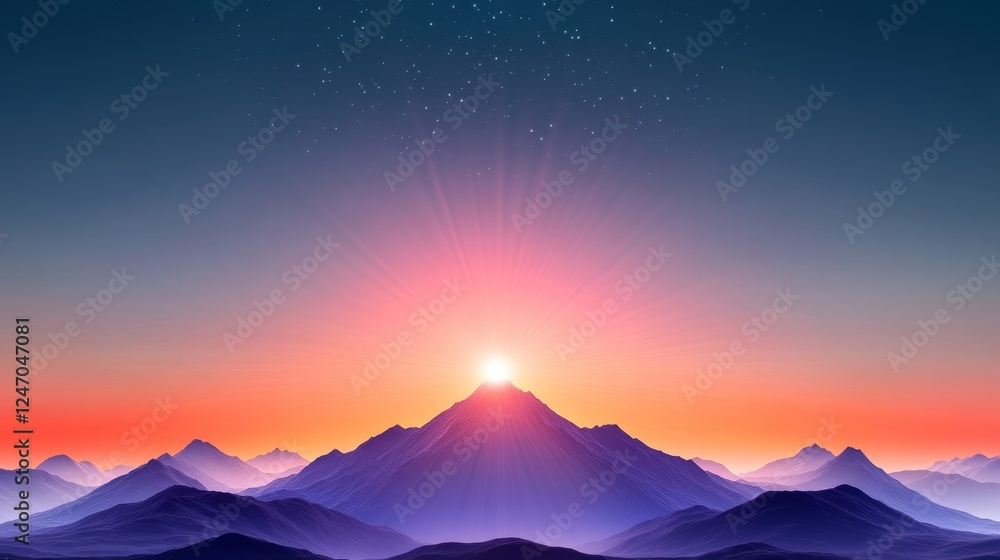 Fototapeta premium Vibrant Sunrise Over Abstract Mountain Landscape - A beautiful abstract mountain landscape with vibrant sunrise showcasing tranquility serenity nature growth inspiration peace.