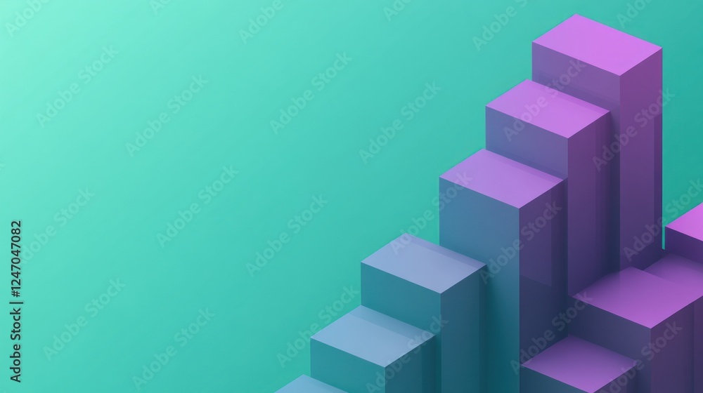 Fototapeta premium Abstract 3D rendering of ascending purple and blue cubes against a teal background.