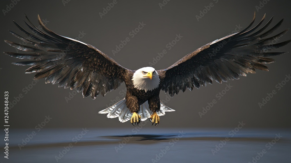 Fototapeta premium Majestic bald eagle in flight, wings spread wide, talons extended.