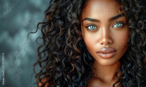 Beautiful African American woman with long curly hair on black background