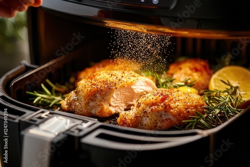fryers make clean food cooking easy in the kitchen. Golden chicken fillets cooking in an air fryer with herbs and lemon.