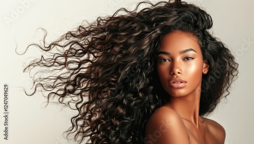 Beautiful African American woman with long curly hair on black background