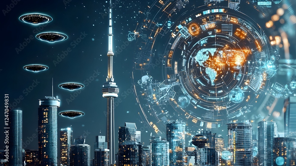 Obraz premium Futuristic City Skyline with Hovering UFOs in Dramatic Night Landscape A captivating digital depicting a modern metropolis with towering skyscrapers and unidentified flying objects hovering above