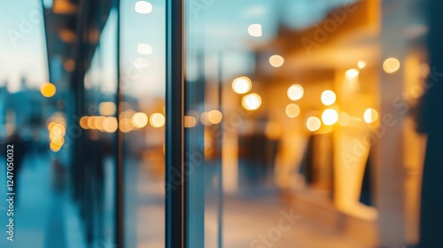 Urban evening reflections with warm bokeh lights in a cityscape photo