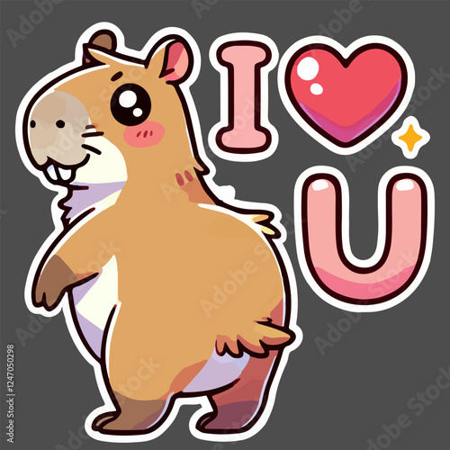 Cute smiling capybara with text 'I love you' isolated on white background. Funny cartoon animal collection. Kawaii hand drawn capibara isolated print design for sticker, postcard, tshirt