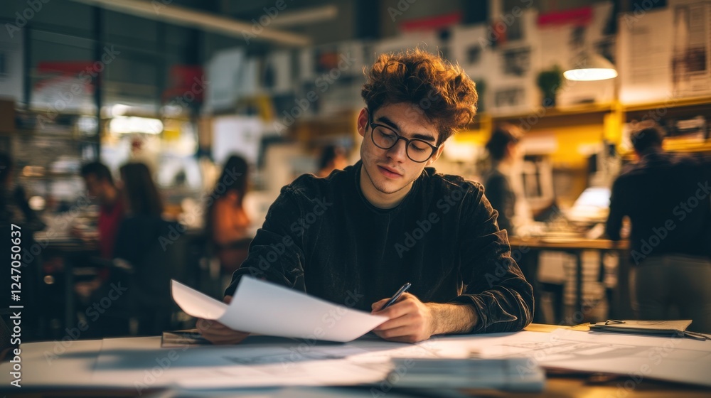 Fototapeta premium Young man reviewing documents at a busy office.
