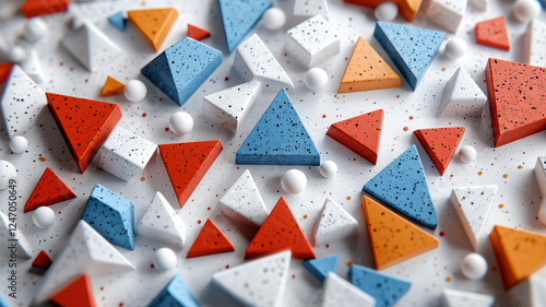Colorful geometric shapes scattered on white background
