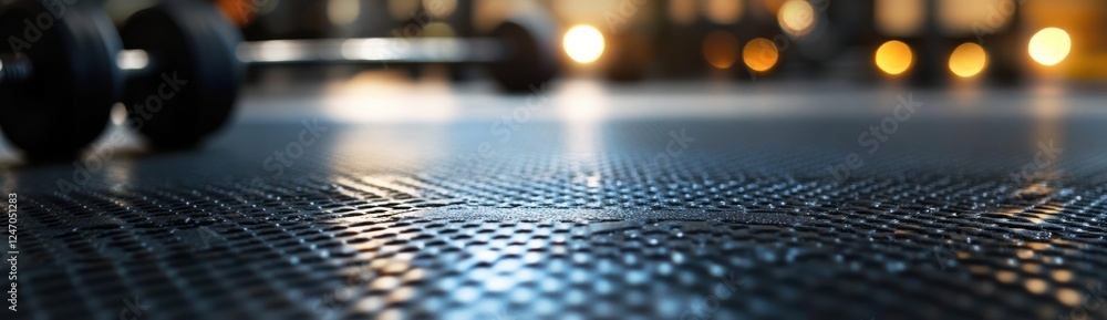 Close-up of textured gym floor with blurred dumbbells in background. Close-up of textured gym floor with blurred dumbbells in background.
