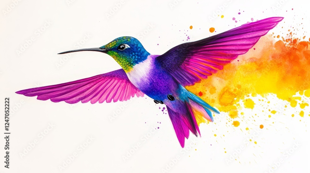 Obraz premium Vibrant Hummingbird in Colorful Flight - A stunningly detailed illustration of a hummingbird in vibrant colors, showcasing its wings in mid-flight with a splash of color in the background.