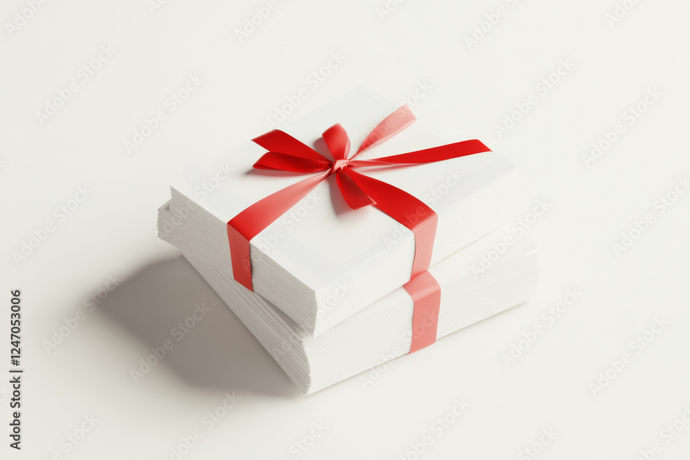 Stack of white wrapped gifts with red ribbon on a light background ready for giving during the holiday season Stack of white wrapped gifts with red ribbon on a light background ready for giving during the holiday season