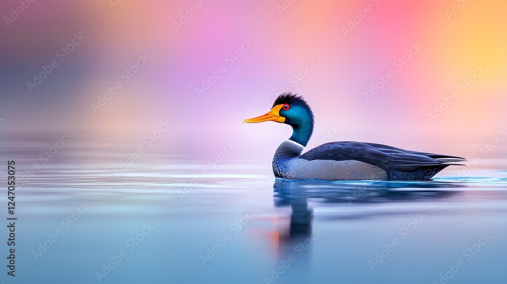 Obraz premium Majestic Waterbird with Bright Orange Beak and Glowing Background - This breathtaking scene features a beautiful waterbird gliding gracefully on serene water, reflecting vibrant colors