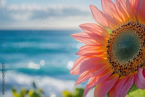 A focused view of a withered sunflower head in front of an indistinct ocean vista at dusk photo