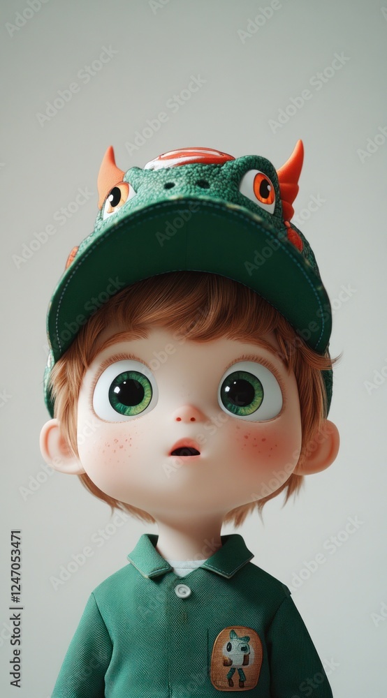 Cute cartoon boy with large eyes wearing a green dragon hat, looking up in surprise. Cute cartoon boy with large eyes wearing a green dragon hat, looking up in surprise.