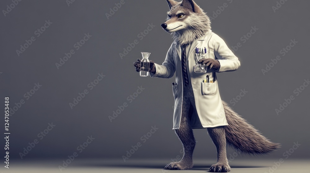 Anthropomorphic wolf scientist holding beakers. Anthropomorphic wolf scientist holding beakers.
