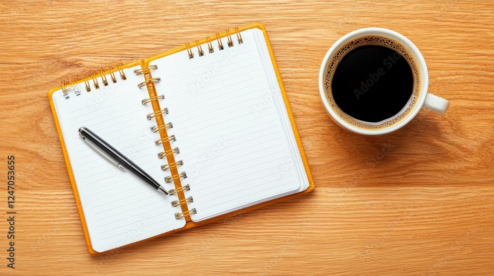 A flat lay photo of a planner, pen, and coffee on a wooden table. A flat lay photo of a planner, pen, and coffee on a wooden table.
