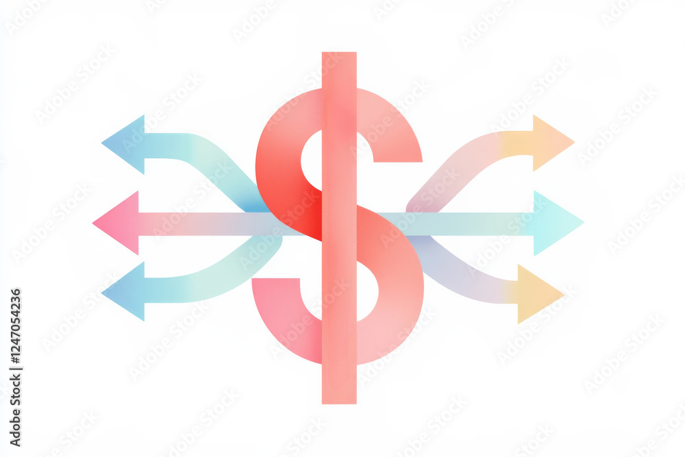 Flat illustration with currency symbols and arrows depicting finance and investment strategies Flat illustration with currency symbols and arrows depicting finance and investment strategies