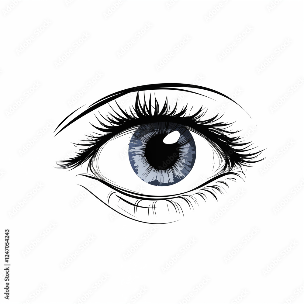 Fototapeta premium Blue eye with glare, human eye, front view, badge, simple black and white and color sketch isolated on a white background, picture for printing on a T-shirt, background, signboard, without people