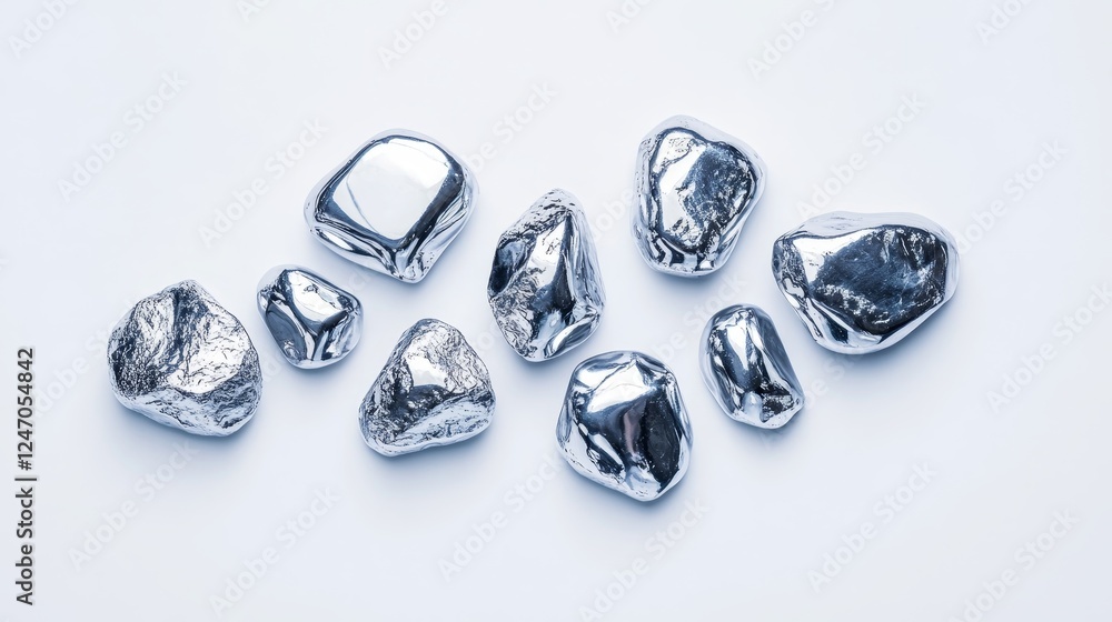 Silver Nuggets on White Background - A collection of polished silver nuggets showcasing various shapes and sizes reflecting light and creating an elegant display on a clean white background. Silver Nuggets on White Background - A collection of polished silver nuggets showcasing various shapes and sizes reflecting light and creating an elegant display on a clean white background.