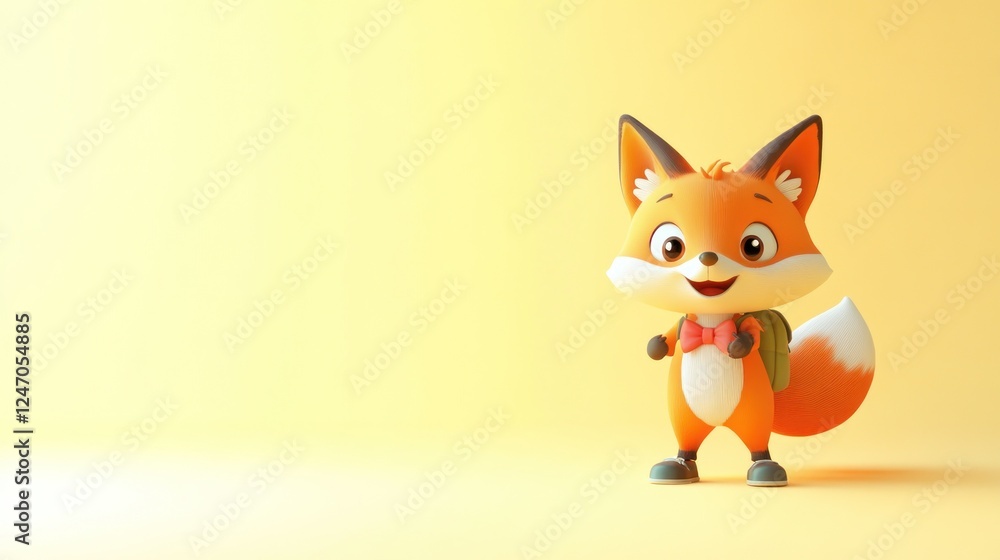 Obraz premium Cute cartoon fox wearing backpack and bow tie against yellow background.