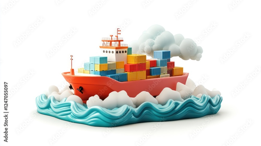 Obraz premium Cartoon cargo ship with colorful containers sailing on stylized waves.