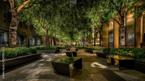 Night cityscape, illuminated walkway with trees, benches, and plants.