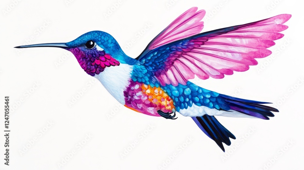 Obraz premium Colorful Hummingbird in Flight Illustration - A vibrant and colorful illustration of a hummingbird in flight showcasing beautiful feathers and detail.