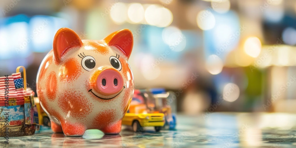 Obraz premium Cute piggy bank with toy cars, saving money concept.