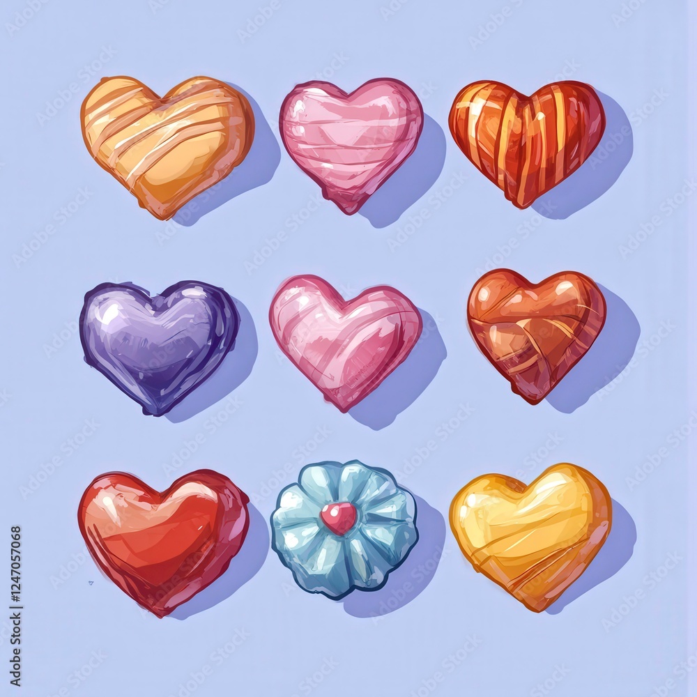 Colorful heart-shaped candies arranged in a neat grid on a light blue background Colorful heart-shaped candies arranged in a neat grid on a light blue background