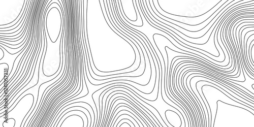 Contours line terrain map geographic mountain relief texture grid topography map background, abstract black and white curved reliefs monochrome image cartography wavy abstract lines background.
