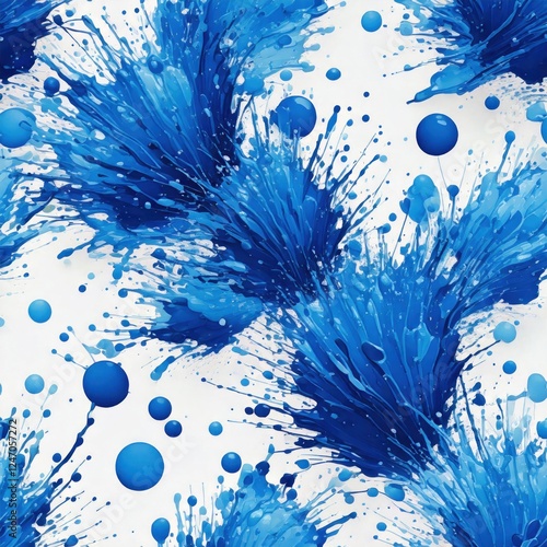 A dynamic and energetic abstract piece, featuring flowing blue paint splashes over a clean white background. The bold contrasts and organic motion enhance its vibrant appeal.