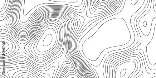Contours line terrain map geographic mountain relief texture grid topography map background, abstract black and white curved reliefs monochrome image cartography wavy abstract lines background.