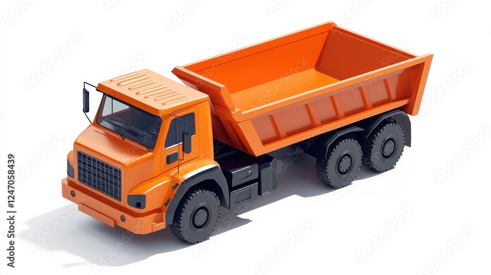 Isometric view of an orange dump truck isolated on white background.