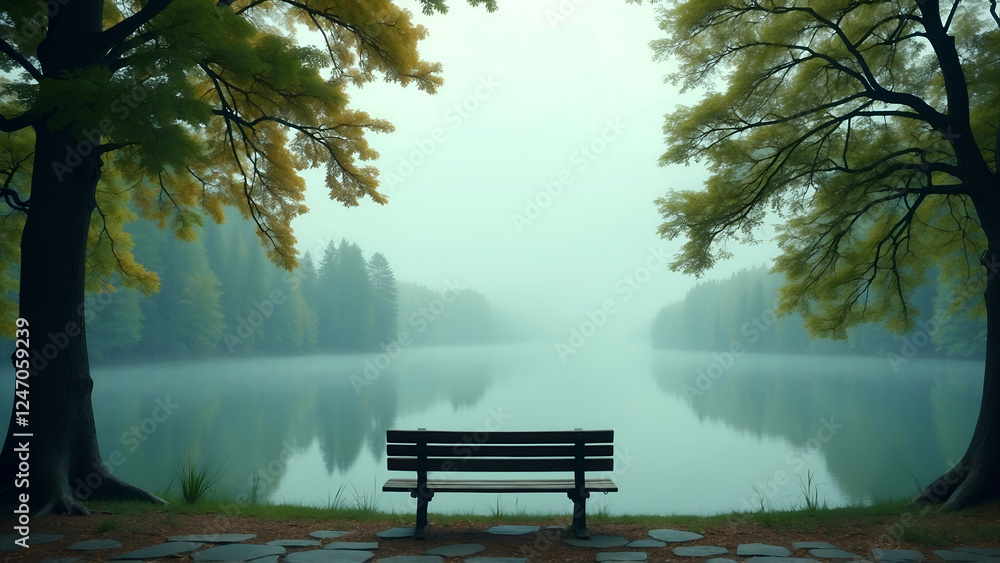 Obraz premium Scenic lakeside bench overlooking calm water with vibrant autumn foliage and foggy forest in a peaceful landscape