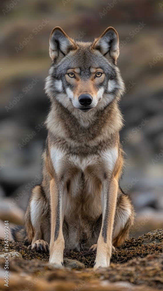 A majestic gray wolf sits majestically on rocky terrain, staring intensely at the camera. A majestic gray wolf sits majestically on rocky terrain, staring intensely at the camera.