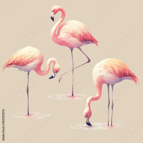 set with pink flamingos in watercolor style