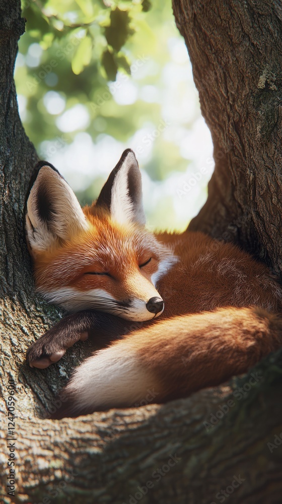 A red fox naps peacefully in the sunlit hollow of a large tree. A red fox naps peacefully in the sunlit hollow of a large tree.