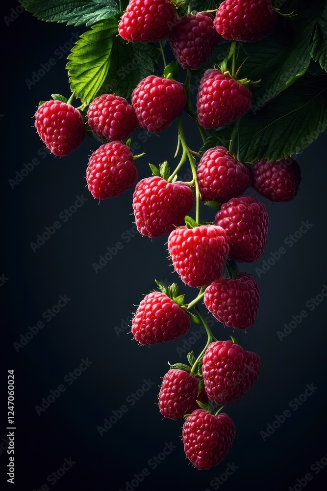 Close-up of a branch laden with ripe, red raspberries against a dark background. Close-up of a branch laden with ripe, red raspberries against a dark background.