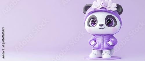 Cute 3D panda wearing purple hooded jacket and flowers. photo