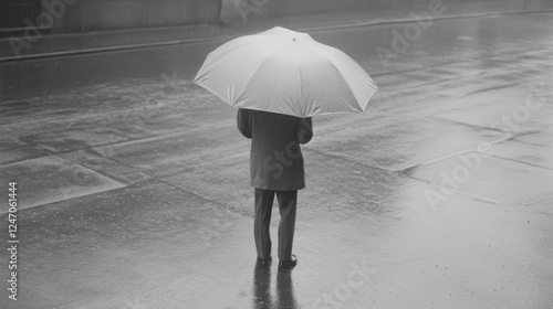 Man with umbrella in rainy city street photo