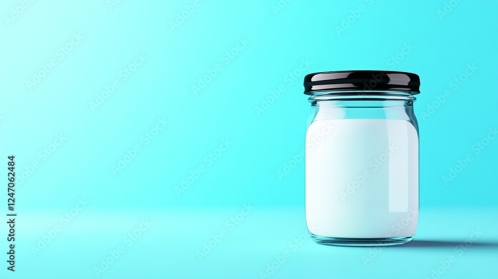 Clear Glass Jar with White Contents on Blue Background - A clear glass jar filled with white liquid set against a smooth blue background, showcasing simplicity and clarity. Clear Glass Jar with White Contents on Blue Background - A clear glass jar filled with white liquid set against a smooth blue background, showcasing simplicity and clarity.