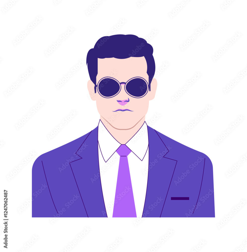 Minimalist vector illustration of a confident businessman wearing a purple suit, tie, and sunglasses. The character has a professional and stylish appearance, ideal for corporate or security themes. Minimalist vector illustration of a confident businessman wearing a purple suit, tie, and sunglasses. The character has a professional and stylish appearance, ideal for corporate or security themes.